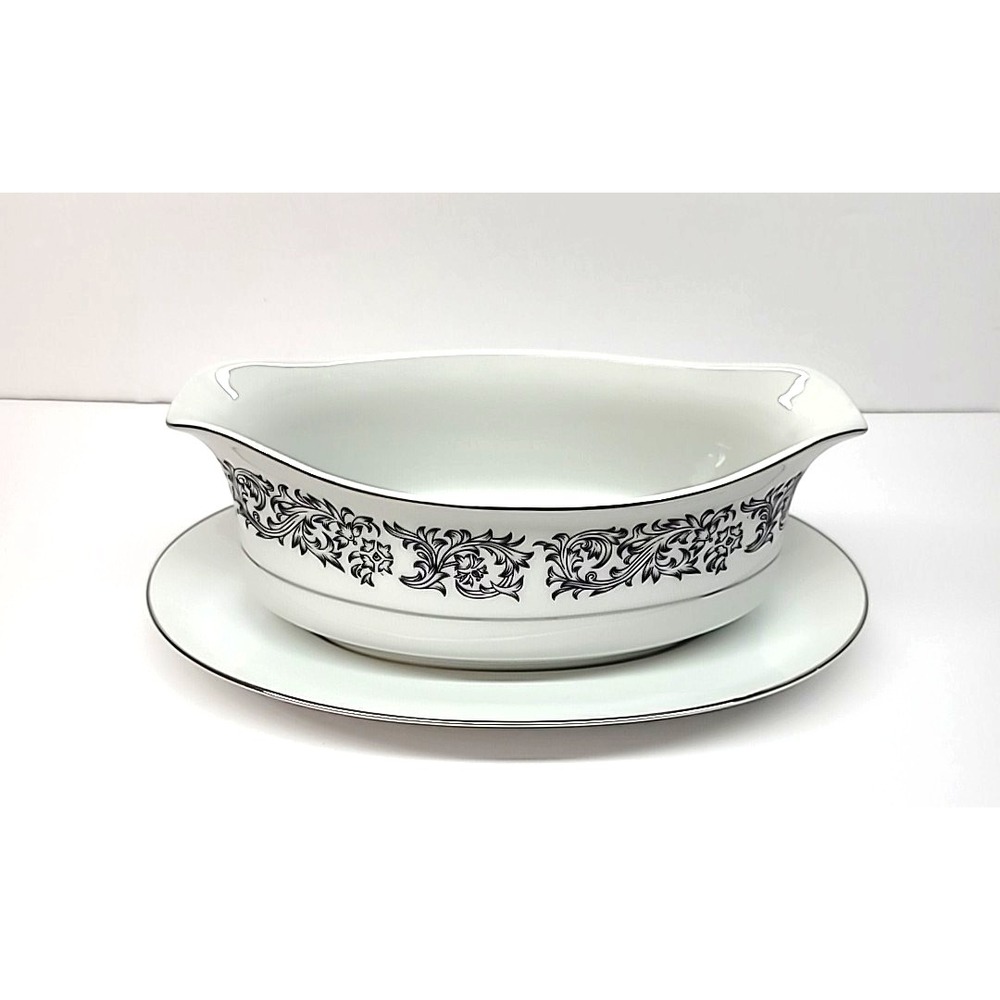 Society Fine China Elegance Pattern Black/White w/Silver Rim Gravy Boat